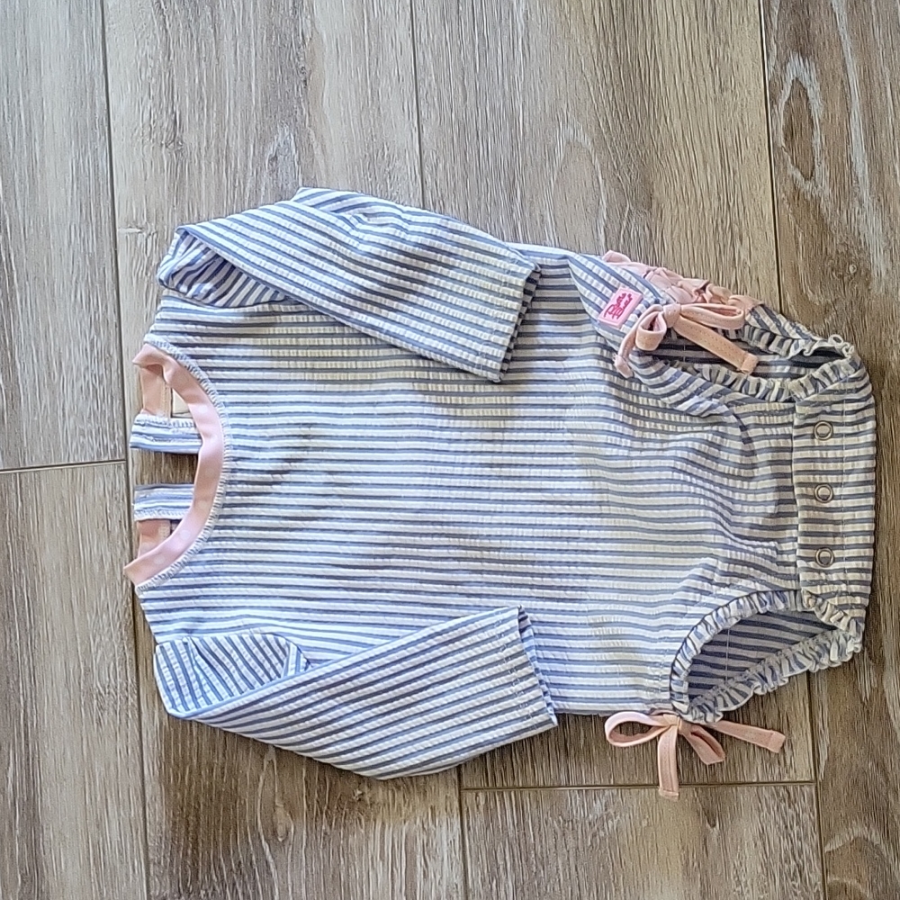 One piece RuffleButts Light Blue Stripe Swimsuit-6-12 months
